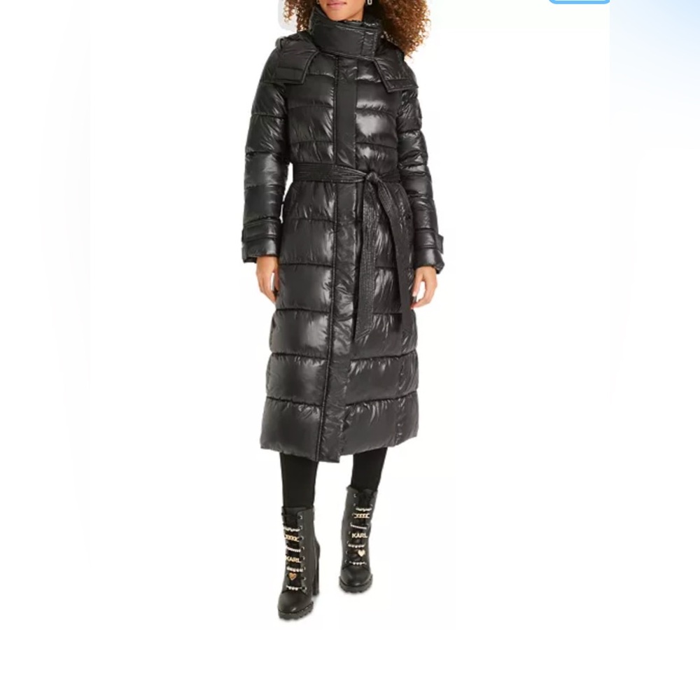 Karl Lagerfeld Womens Shine Hooded Belted Puffer Coat